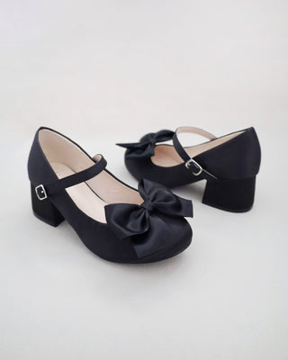 Girls Satin Mary Jane Block Heel with Front Satin Bow