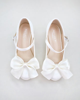 Girls Satin Mary Jane Block Heel with Front Satin Bow