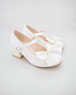 Girls Satin Mary Jane Block Heel with Front Satin Bow