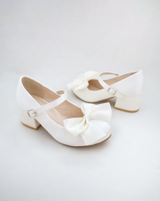 Girls Satin Mary Jane Block Heel with Front Satin Bow