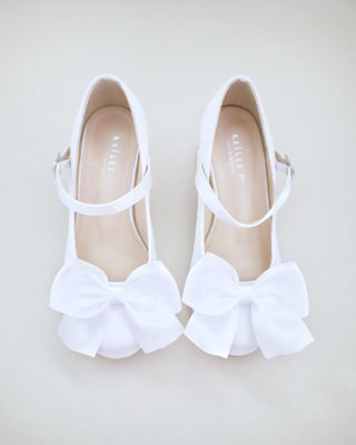 Girls Satin Mary Jane Block Heel with Front Satin Bow