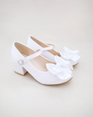 Girls Satin Mary Jane Block Heel with Front Satin Bow