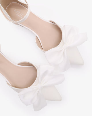 White Satin Pointy Toe Wedding Flats with Front Satin Bow