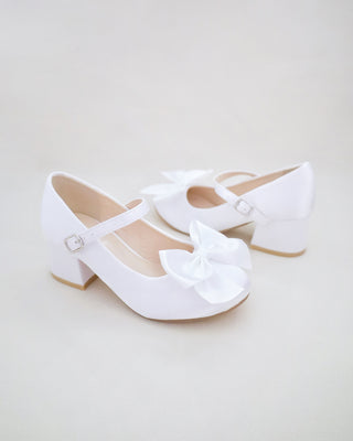 Girls Satin Mary Jane Block Heel with Front Satin Bow
