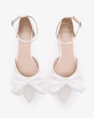 White Satin Pointy Toe Wedding Flats with Front Satin Bow