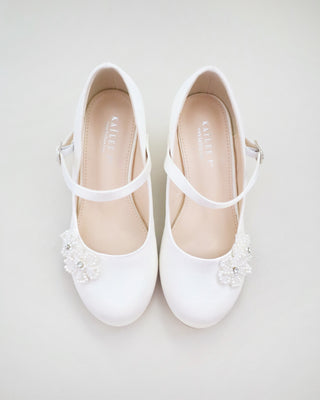 Girls Satin Mary Jane Block Heel with All Pearls Chassia Flowers