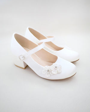 Girls Satin Mary Jane Block Heel with All Pearls Chassia Flowers