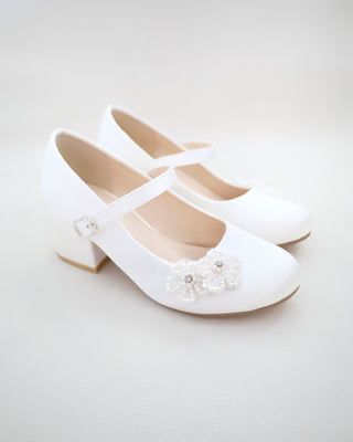 Girls Satin Mary Jane Block Heel with All Pearls Chassia Flowers