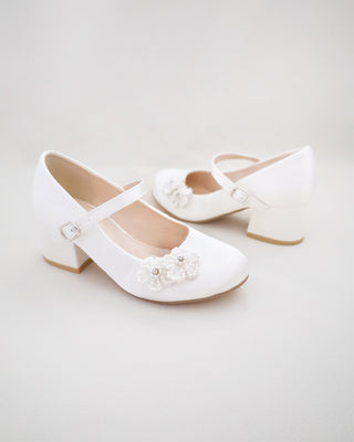 Girls Satin Mary Jane Block Heel with All Pearls Chassia Flowers