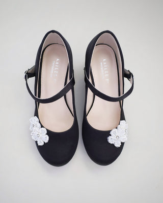 Girls Satin Mary Jane Block Heel with All Pearls Chassia Flowers