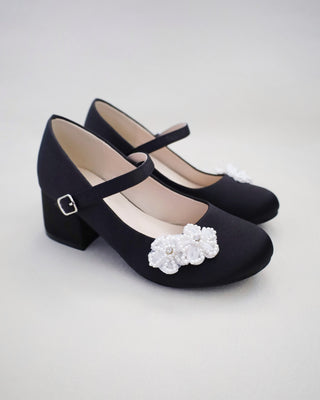 Girls Satin Mary Jane Block Heel with All Pearls Chassia Flowers
