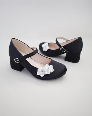 Girls Satin Mary Jane Block Heel with All Pearls Chassia Flowers