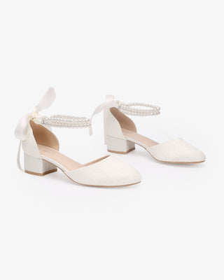 Lace Round Toe Low Block Heel Wedding Shoes with Double Pearls Ankle Strap