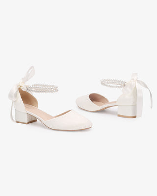 Lace Round Toe Low Block Heel Wedding Shoes with Double Pearls Ankle Strap