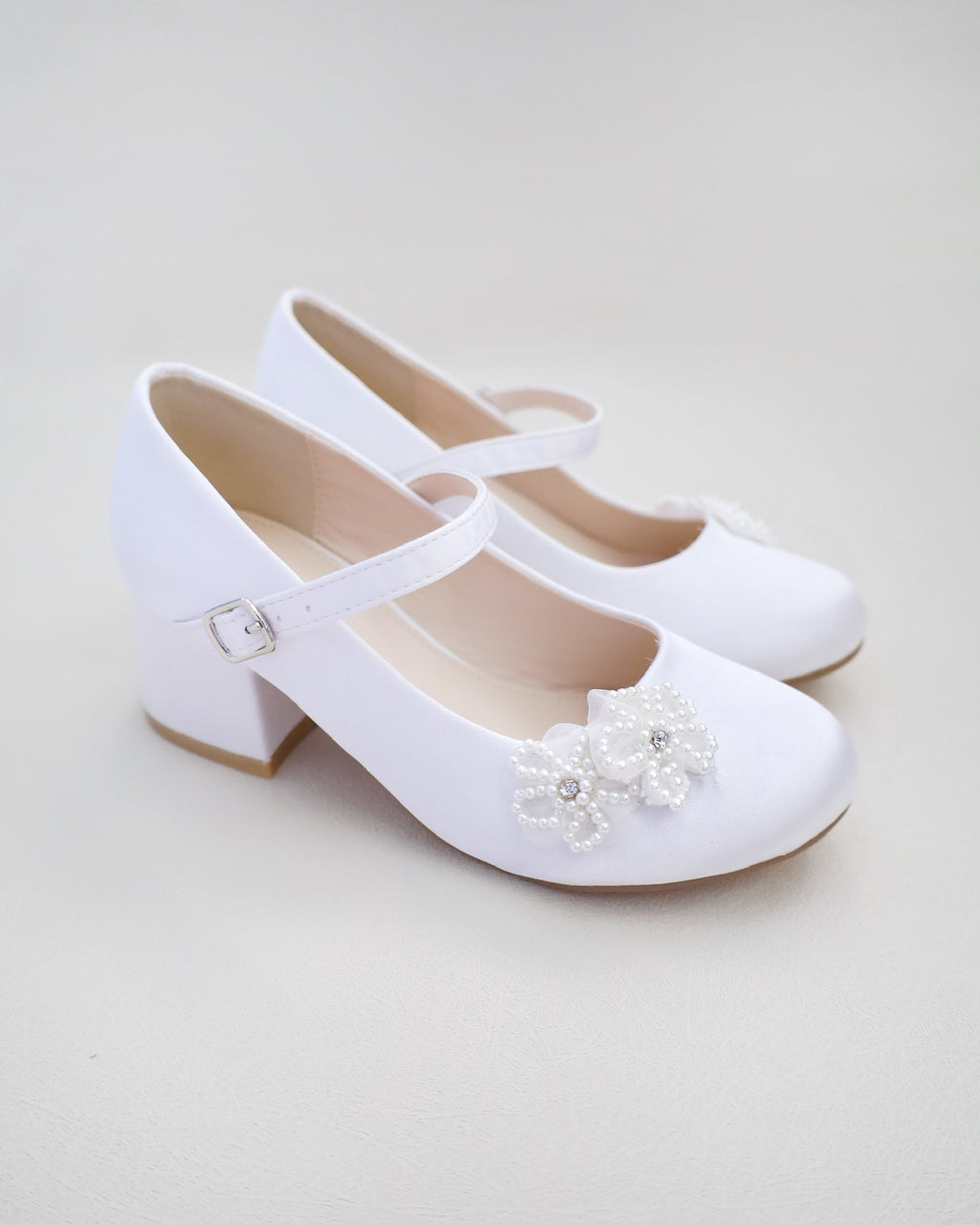 Satin Mary Jane Block Heel with Pearls Chassia Flowers, Girls Shoes ...
