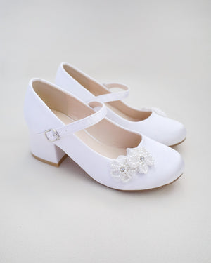 Girls Satin Mary Jane Block Heel with All Pearls Chassia Flowers