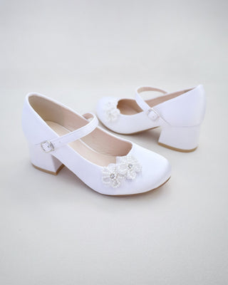Girls Satin Mary Jane Block Heel with All Pearls Chassia Flowers