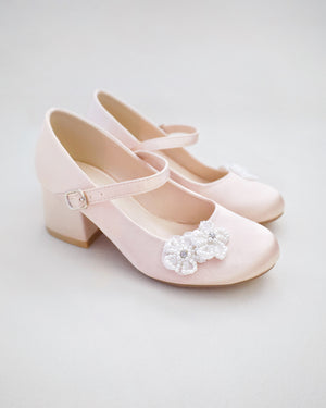 Girls Satin Mary Jane Block Heel with All Pearls Chassia Flowers