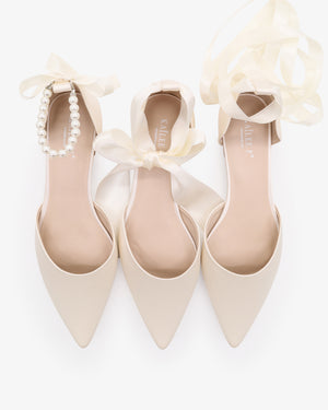 Satin Pointy Toe Bridal Flats with Ribbon Tie or Pearls Strap