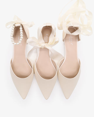 Satin Pointy Toe Bridal Flats with Ribbon Tie or Pearls Strap