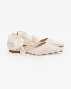 Satin Pointy Toe Bridal Flats with Ribbon Tie or Pearls Strap