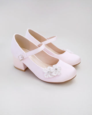 Girls Satin Mary Jane Block Heel with All Pearls Chassia Flowers