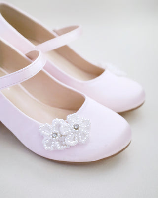 Girls Satin Mary Jane Block Heel with All Pearls Chassia Flowers