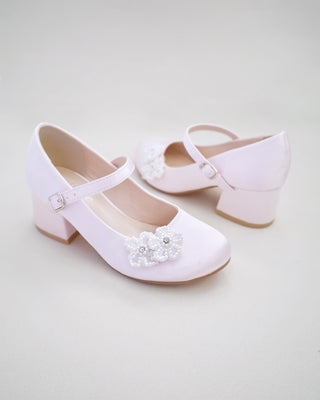 Girls Satin Mary Jane Block Heel with All Pearls Chassia Flowers
