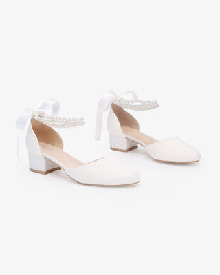 Lace Round Toe Low Block Heel Wedding Shoes with Double Pearls Ankle Strap