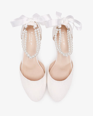 Lace Round Toe Low Block Heel Wedding Shoes with Double Pearls Ankle Strap