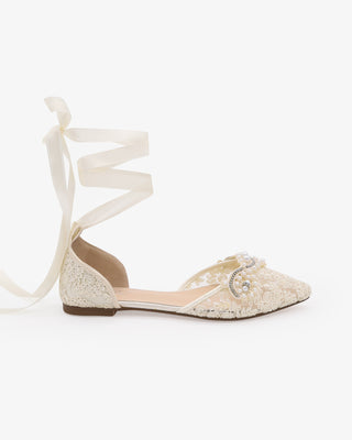 Ivory Crochet Lace Pointy Toe Flats with Small Pearls Applique and Satin Ribbon Lace Up
