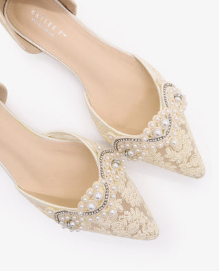 Ivory Crochet Lace Pointy Toe Flats with Small Pearls Applique and Satin Ribbon Lace Up