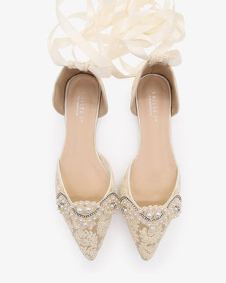 Ivory Crochet Lace Pointy Toe Flats with Small Pearls Applique and Satin Ribbon Lace Up