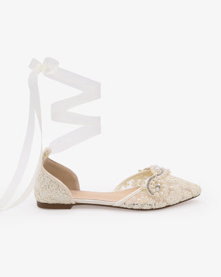Ivory Crochet Lace Pointy Toe Flats with Small Pearls Applique and Sheer Ribbon Lace Up