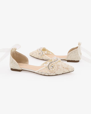 Ivory Crochet Lace Pointy Toe Flats with Small Pearls Applique and Sheer Ribbon Lace Up