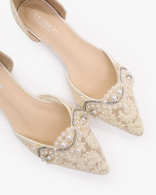 Ivory Crochet Lace Pointy Toe Flats with Small Pearls Applique and Sheer Ribbon Lace Up