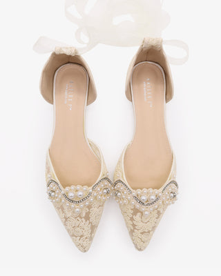 Ivory Crochet Lace Pointy Toe Flats with Small Pearls Applique and Sheer Ribbon Lace Up