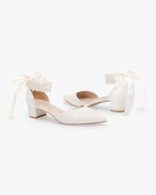 Ivory Lace Pointy Toe Low Block Heels Wedding Shoes with Perla Ankle Strap