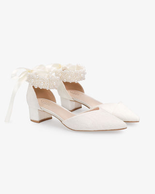 Ivory Lace Pointy Toe Low Block Heels Wedding Shoes with Perla Ankle Strap