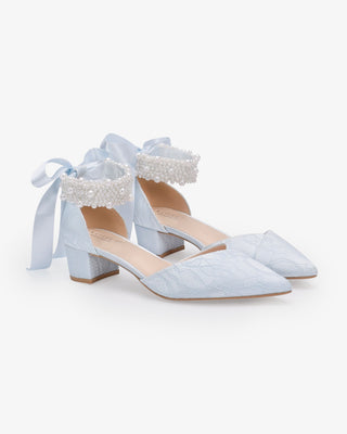 Light Blue Lace Pointy Toe Low Block Heels Wedding Shoes with Perla Ankle Strap, Something Blue