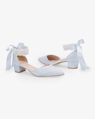 Light Blue Lace Pointy Toe Low Block Heels Wedding Shoes with Perla Ankle Strap, Something Blue