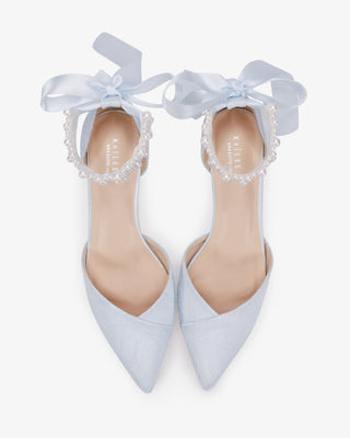 Light Blue Lace Pointy Toe Low Block Heels Wedding Shoes with Perla Ankle Strap, Something Blue
