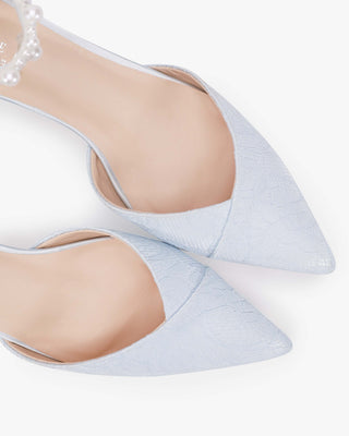 Light Blue Lace Pointy Toe Low Block Heels Wedding Shoes with Perla Ankle Strap, Something Blue
