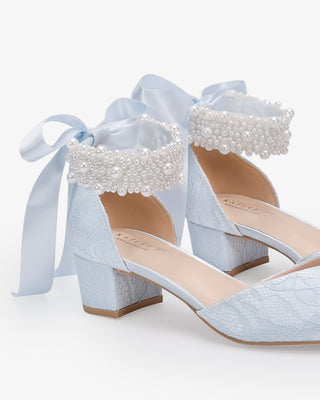 Light Blue Lace Pointy Toe Low Block Heels Wedding Shoes with Perla Ankle Strap, Something Blue