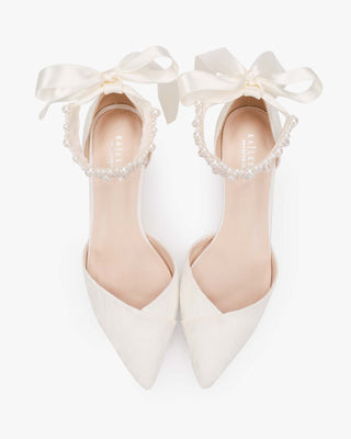 Ivory Lace Pointy Toe Low Block Heels Wedding Shoes with Perla Ankle Strap