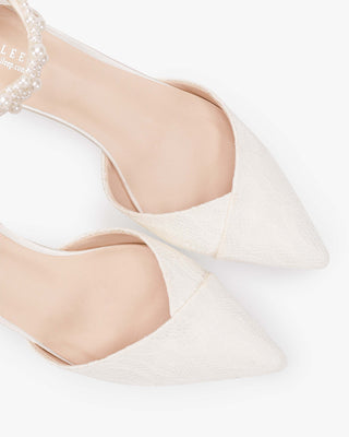 Ivory Lace Pointy Toe Low Block Heels Wedding Shoes with Perla Ankle Strap