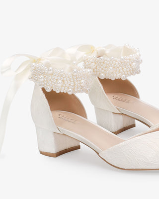 Ivory Lace Pointy Toe Low Block Heels Wedding Shoes with Perla Ankle Strap