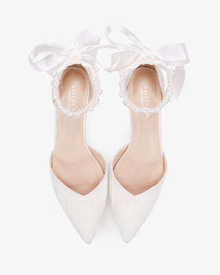 White Lace Pointy Toe Low Block Heels Wedding Shoes with Perla Ankle Strap