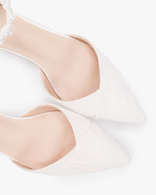 White Lace Pointy Toe Low Block Heels Wedding Shoes with Perla Ankle Strap