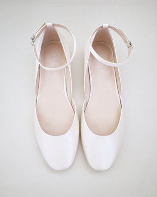 ivory satin flats wedding shoes with ankle strap